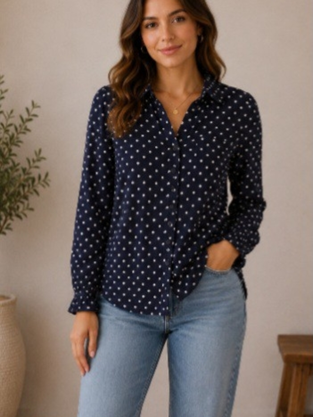 Divided Navy and White Polka Dot Button-Down Shirt